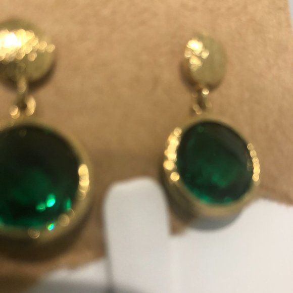 Sparkly Gold Tone Green Circular Drop Earrings. - Picture 7 of 13